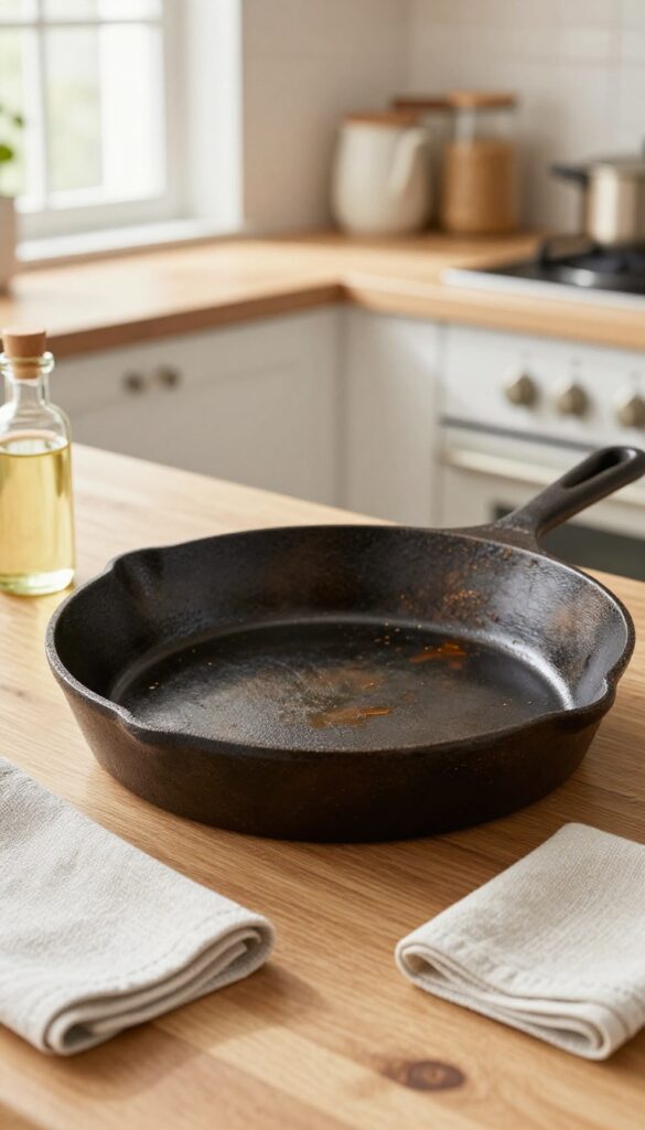Cast iron skillet with flaxseed oil and cloth for seasoning