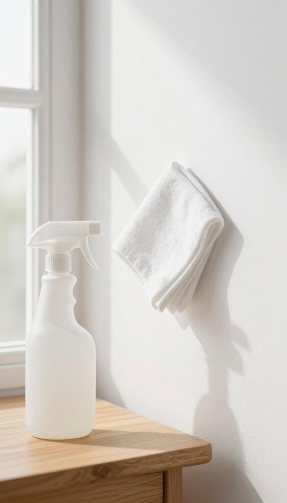 Cleaning a scuff mark on a white wall with a damp cloth and white vinegar solution