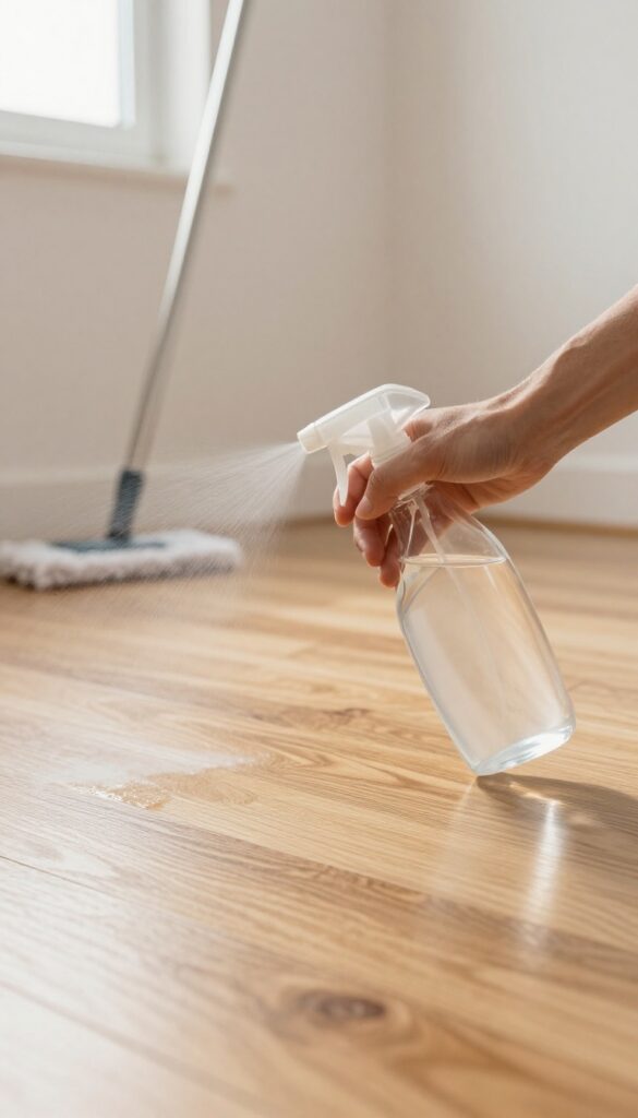 Hand spraying vinegar and water solution on hardwood floor with microfiber mop nearby