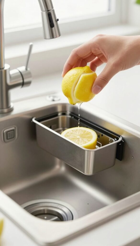 Hand dropping lemon peel wedges into a kitchen sink garbage disposal