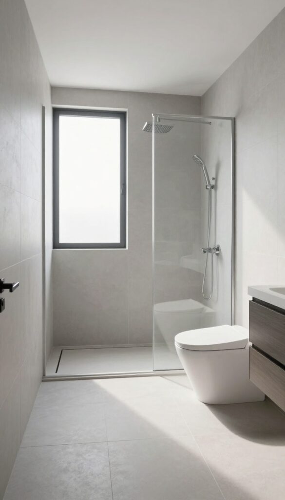 Wet room bathroom with no enclosure, open shower area, linear drain, and wall-mounted fixtures in a small space