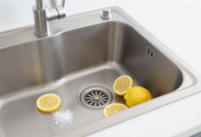 Clean kitchen sink with garbage disposal and lemon slices