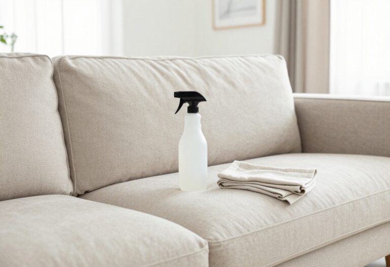 Cleaning a beige fabric couch with a spray bottle and cloth in a bright living room