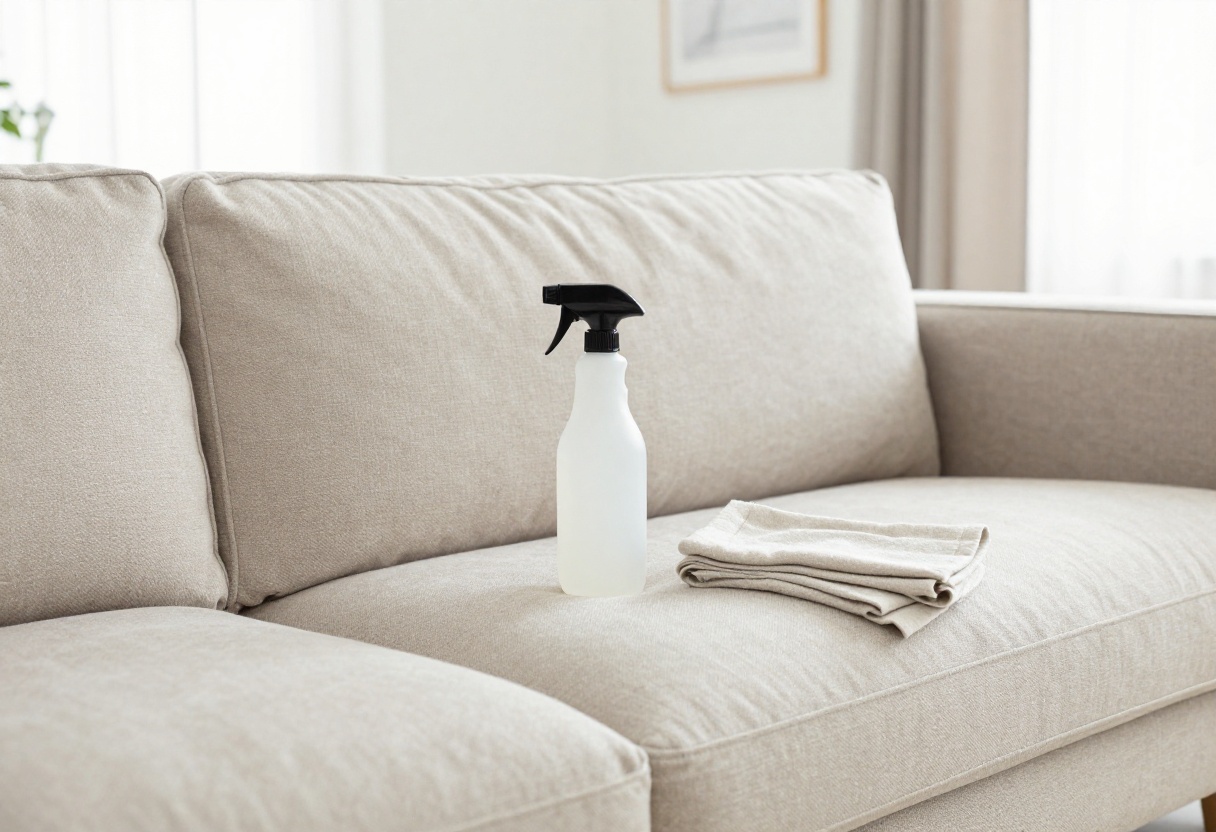 Cleaning a beige fabric couch with a spray bottle and cloth in a bright living room
