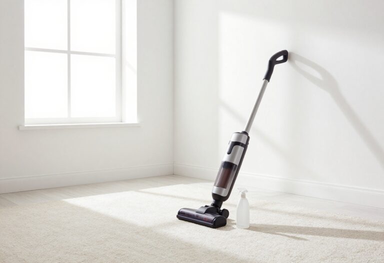 Clean carpet in a sunlit living room with cleaning supplies