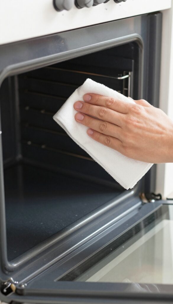 Hand wiping oven interior with damp microfiber cloth