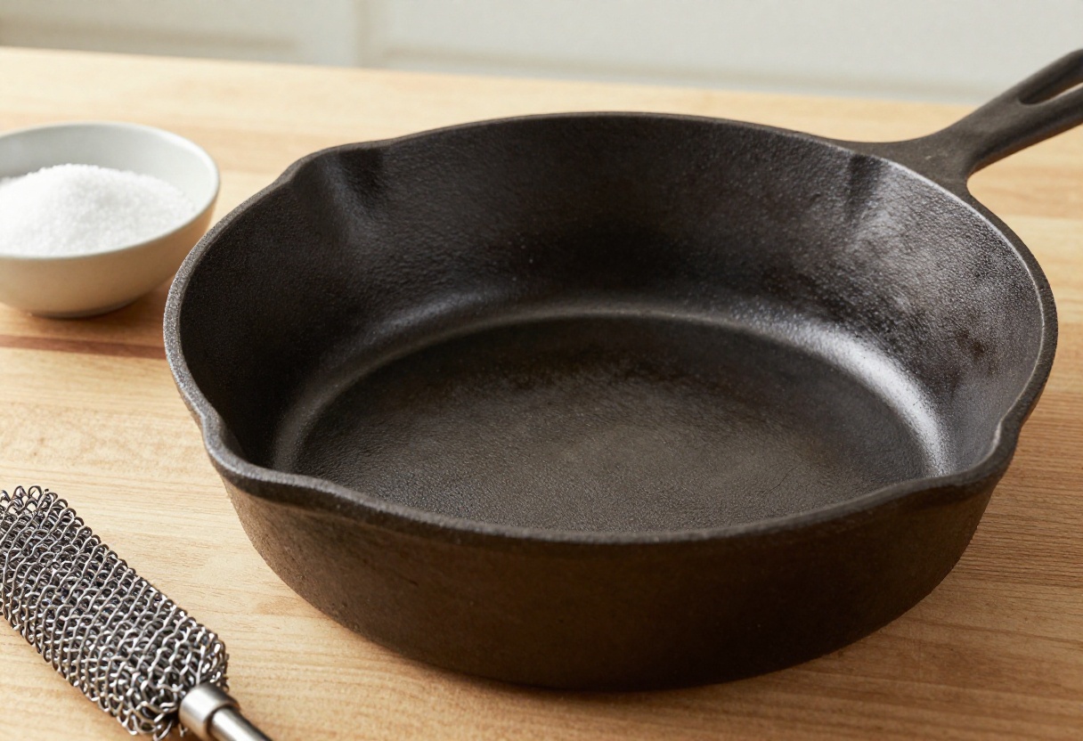 Cast iron skillet with cleaning tools on a wooden table