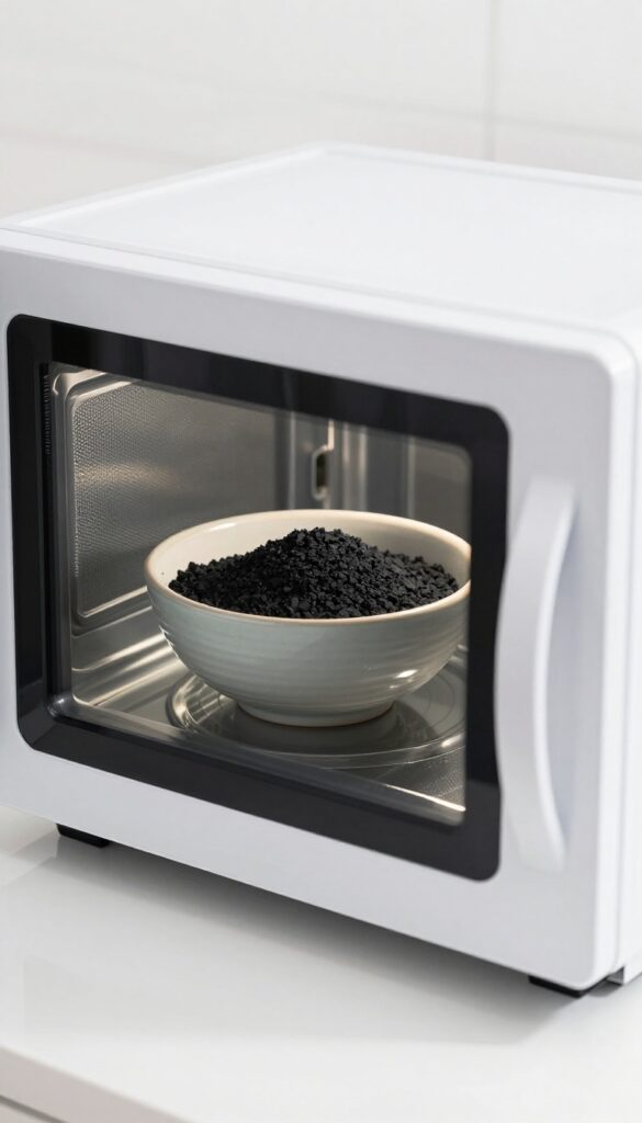 Bowl of activated charcoal inside a clean microwave to absorb odors.