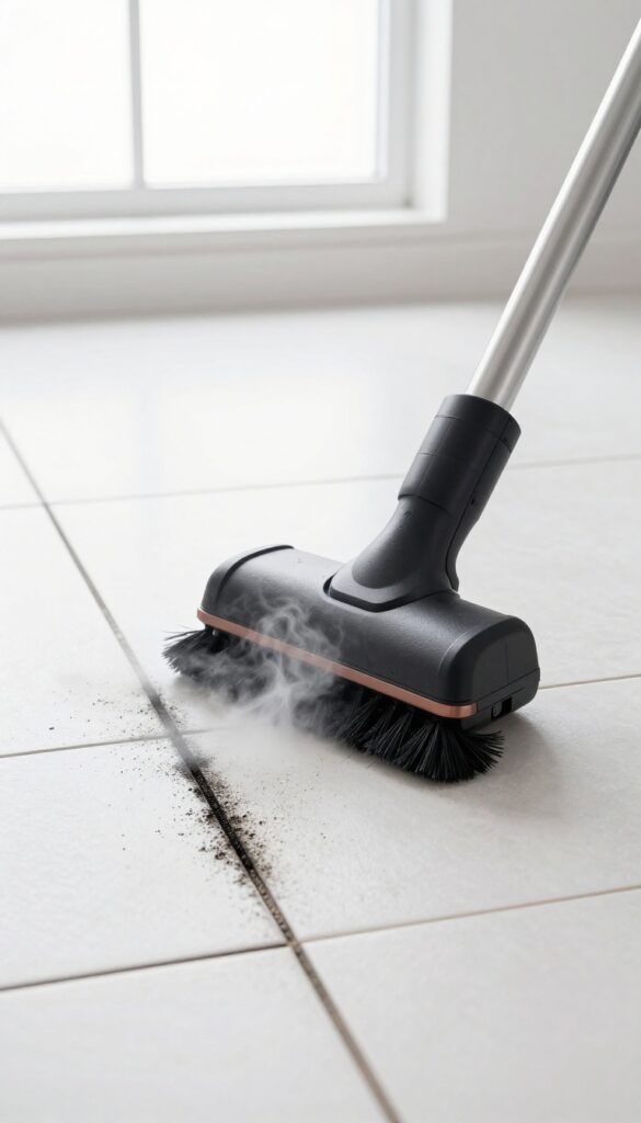 Steam cleaner cleaning floor tile grout