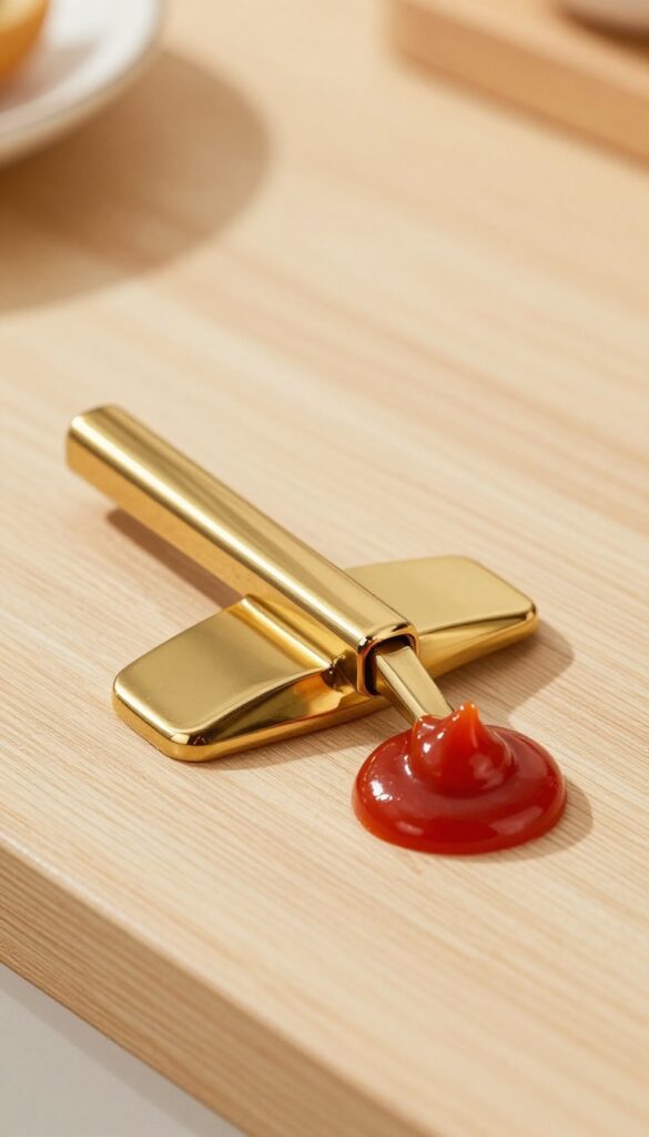 Polished brass grill handle with ketchup and cloth for cleaning