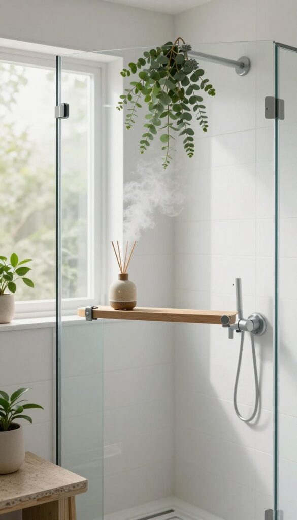 Modern bathroom with essential oil diffuser and eucalyptus in shower for aromatherapy