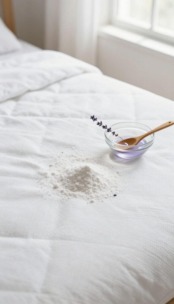 Baking soda and lavender essential oil on a clean mattress for deodorizing
