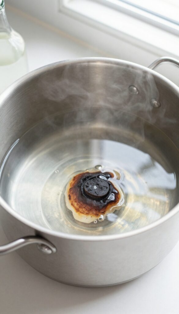 Stainless steel pot with boiling vinegar and steam, burnt crust loosening, kitchen counter with vinegar bottle and sponge