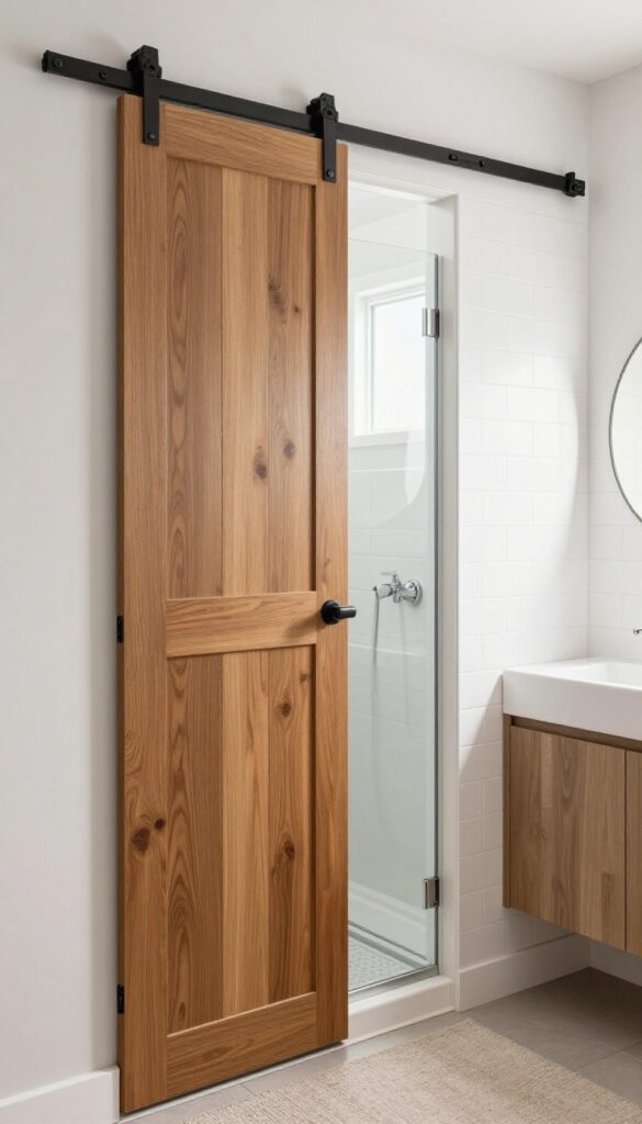 Small shower-only bathroom with a sliding barn door saving floor space, bright natural light, rustic charm