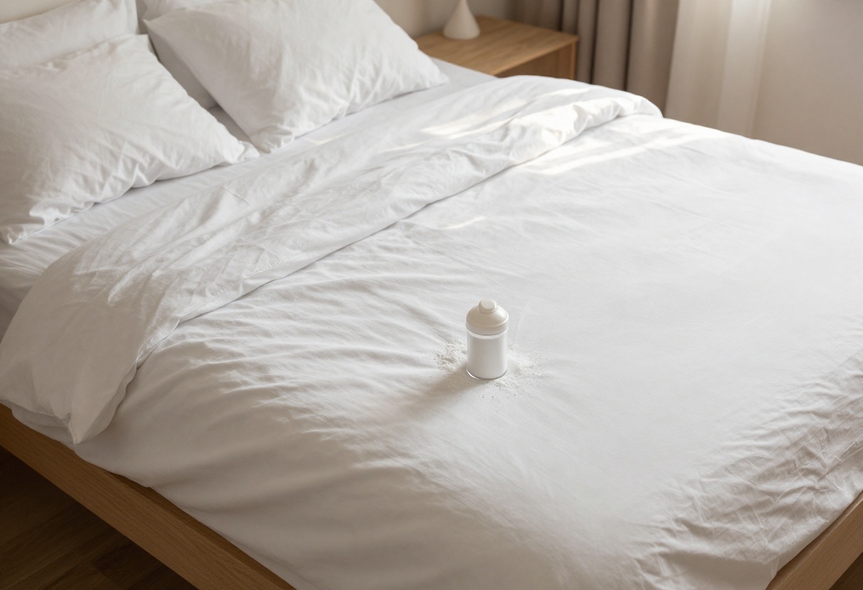 Person sprinkling baking soda on a clean white mattress in a bright bedroom