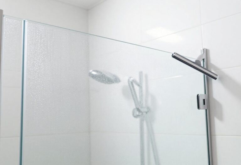 Clean glass shower door with water droplets and a squeegee