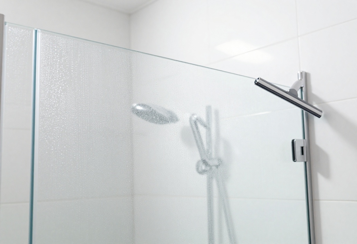 Clean glass shower door with water droplets and a squeegee