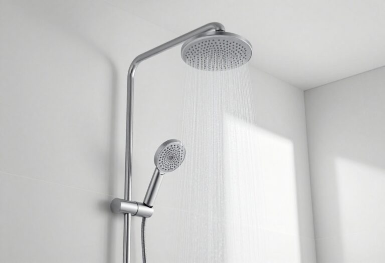 Modern bathroom with a high-pressure shower head spraying water