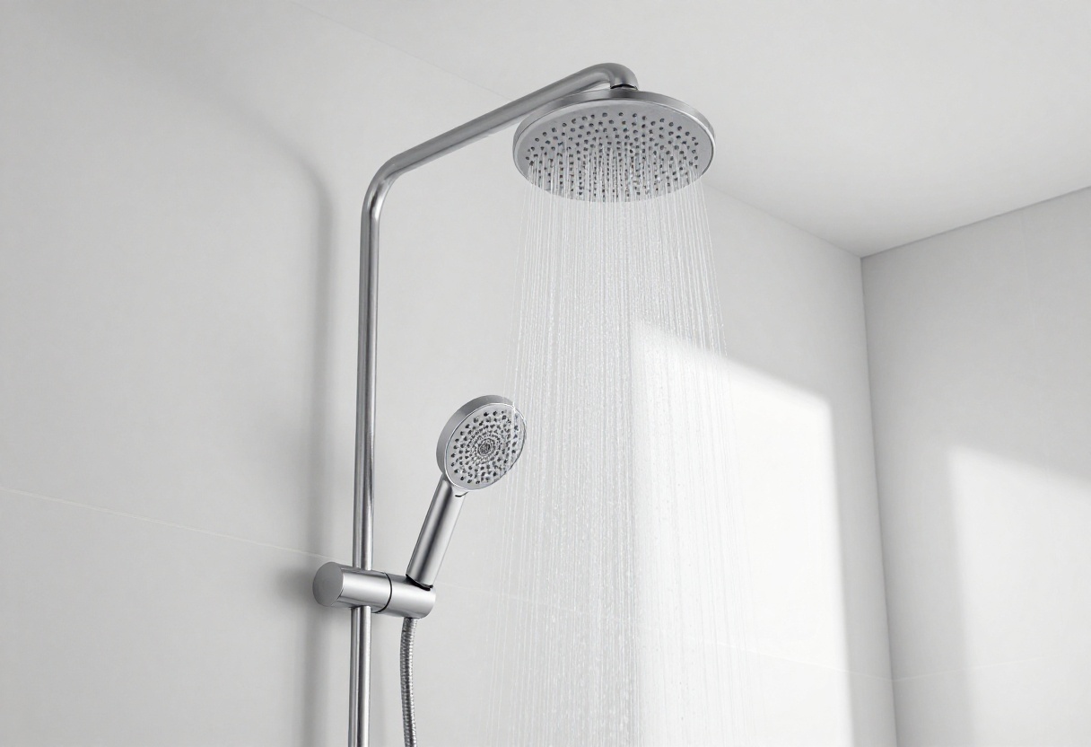 Modern bathroom with a high-pressure shower head spraying water