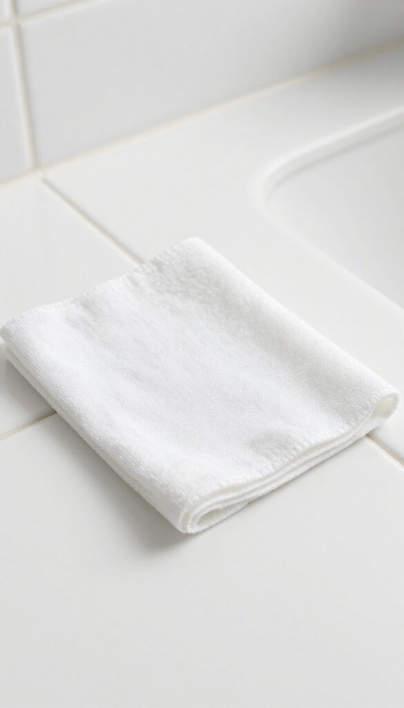 Close-up of a hand wiping clean grout lines with a microfiber cloth in a bright bathroom.