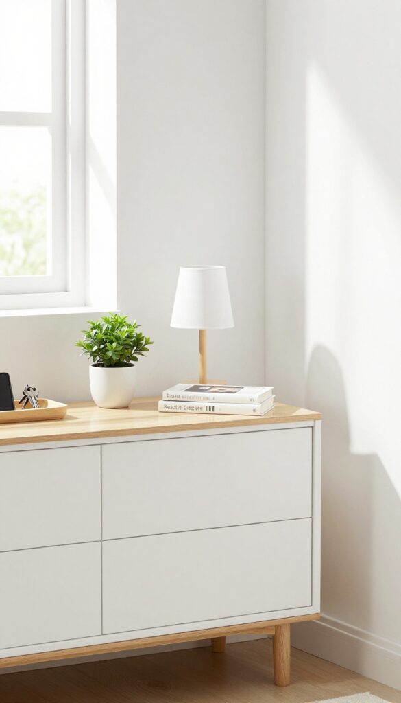 Clean bedroom surfaces with minimal decor, decluttered nightstand and dresser, bright natural light, organized tray.