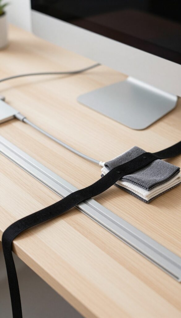 Neatly organized cords and electronics on a clean desk with a microfiber cloth
