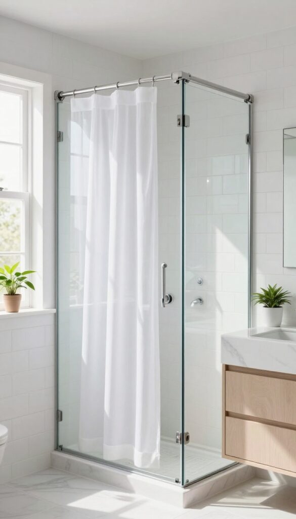 Sheer white shower curtain panels letting natural light into a bright bathroom