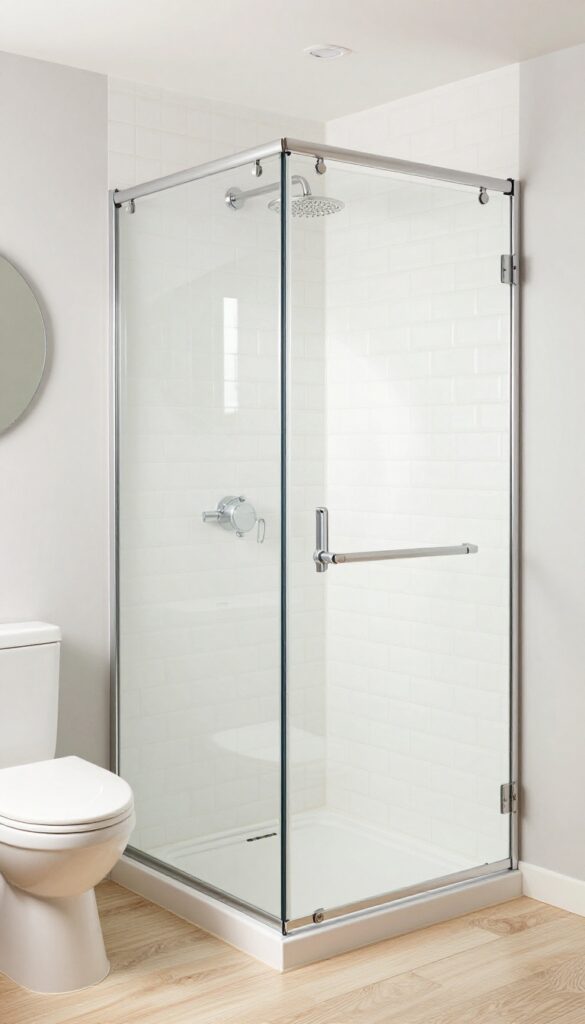 Small bathroom with frameless sliding glass shower doors and top-mounted track, bright and airy design