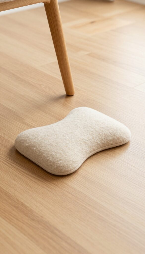 Close-up of a furniture leg with a felt pad on a clean hardwood floor