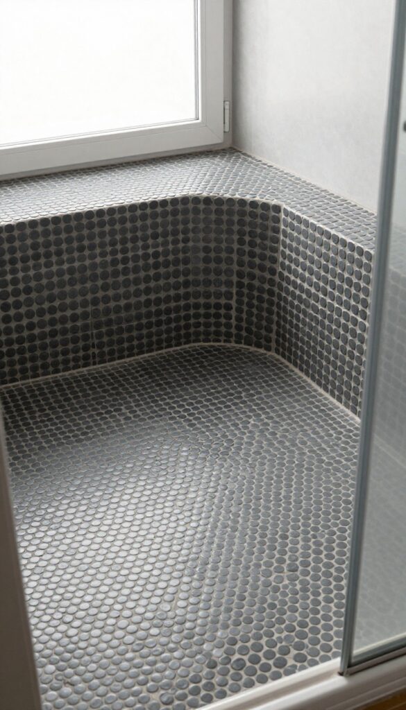 Penny round tile shower floor with charcoal tiles and light gray grout, wrapping around a curved bench, in bright natural light.
