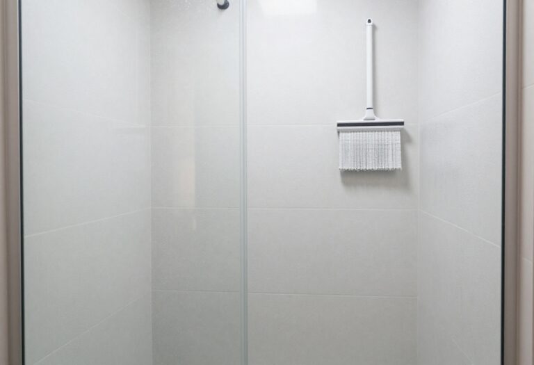 Clean fiberglass shower stall with squeegee