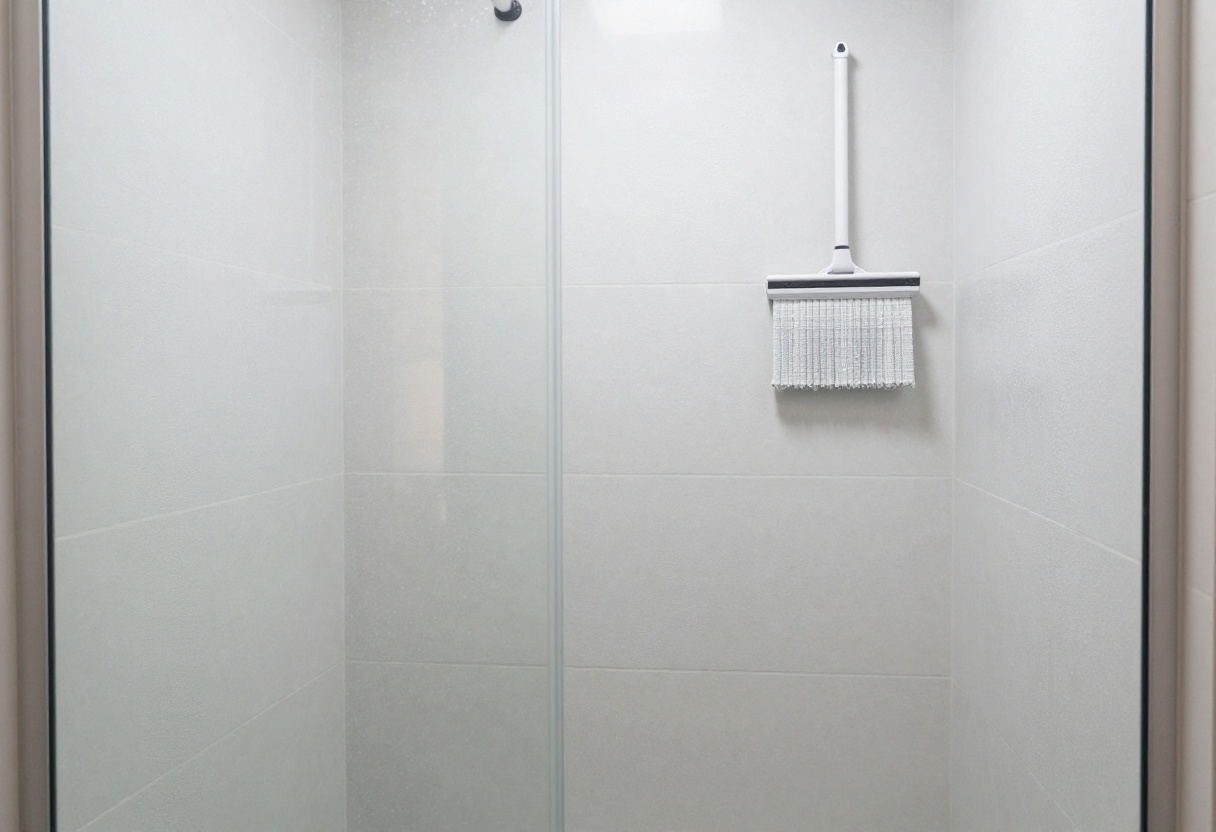 Clean fiberglass shower stall with squeegee