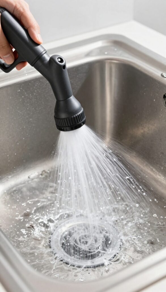 Pressure washer drain cleaning nozzle blasting water into an outdoor sink drain