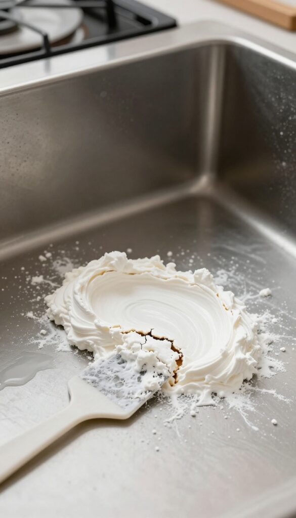 Cornstarch paste applied to a greasy oven spill, drying and cracking