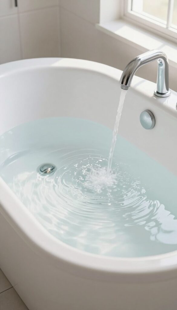 Bathtub filling with cold water, jets submerged, bright natural light, clean bathroom
