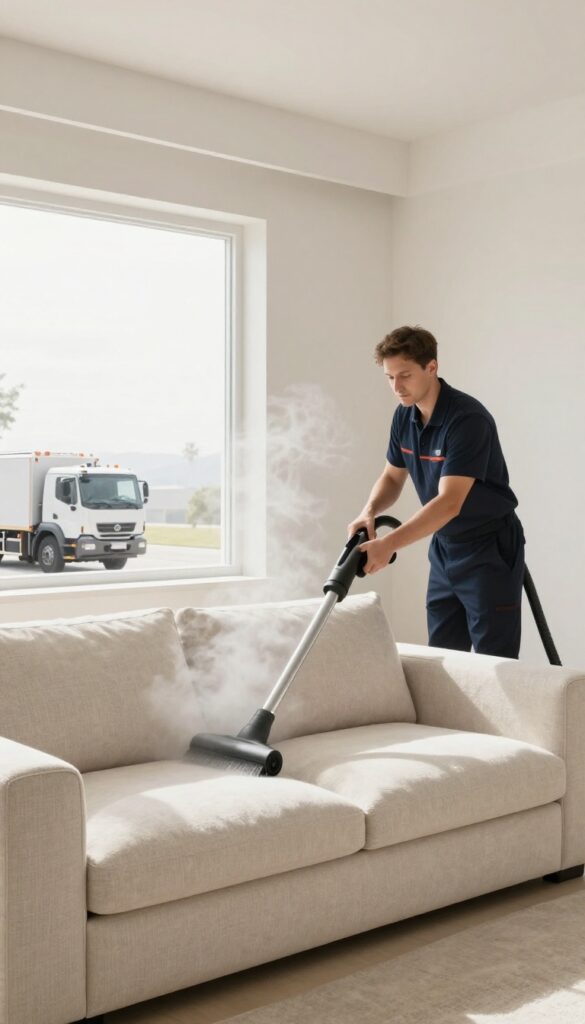 Professional sofa cleaning with truck-mounted steam equipment in a bright living room