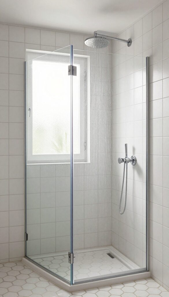 Modern bathroom shower with penny round tiles, chrome fixtures, and natural light