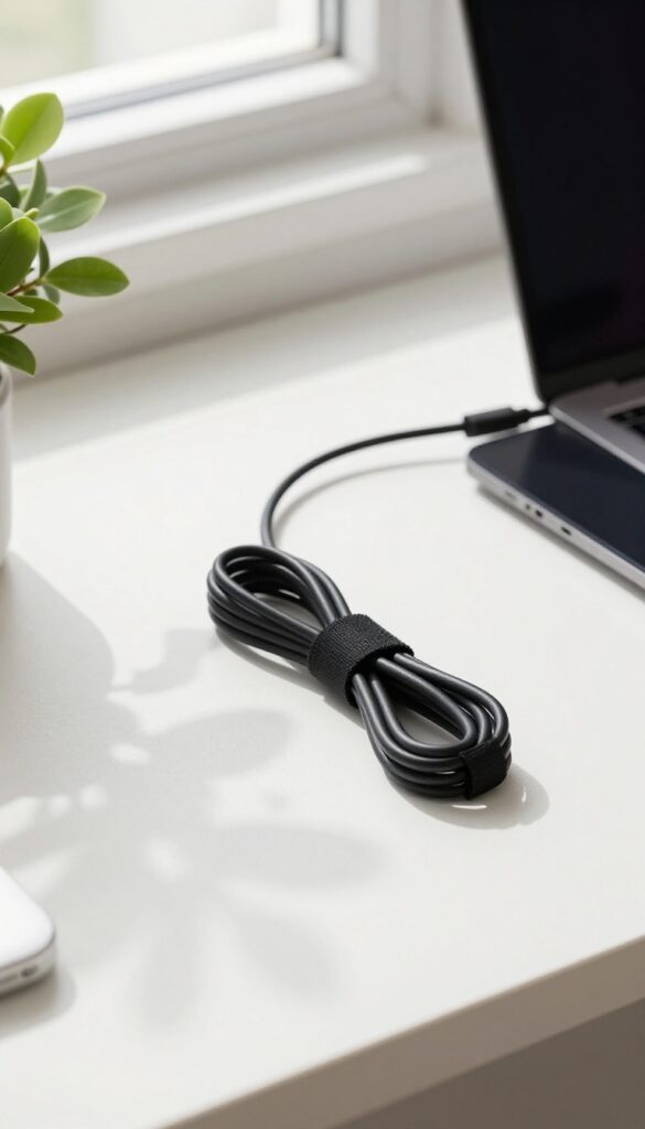 Neatly bundled cords behind a desk leg with a laptop and phone charger in a clean, bright room
