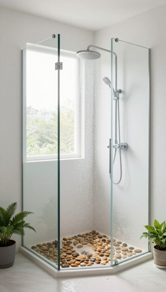 Pebble floor shower with natural light and plants