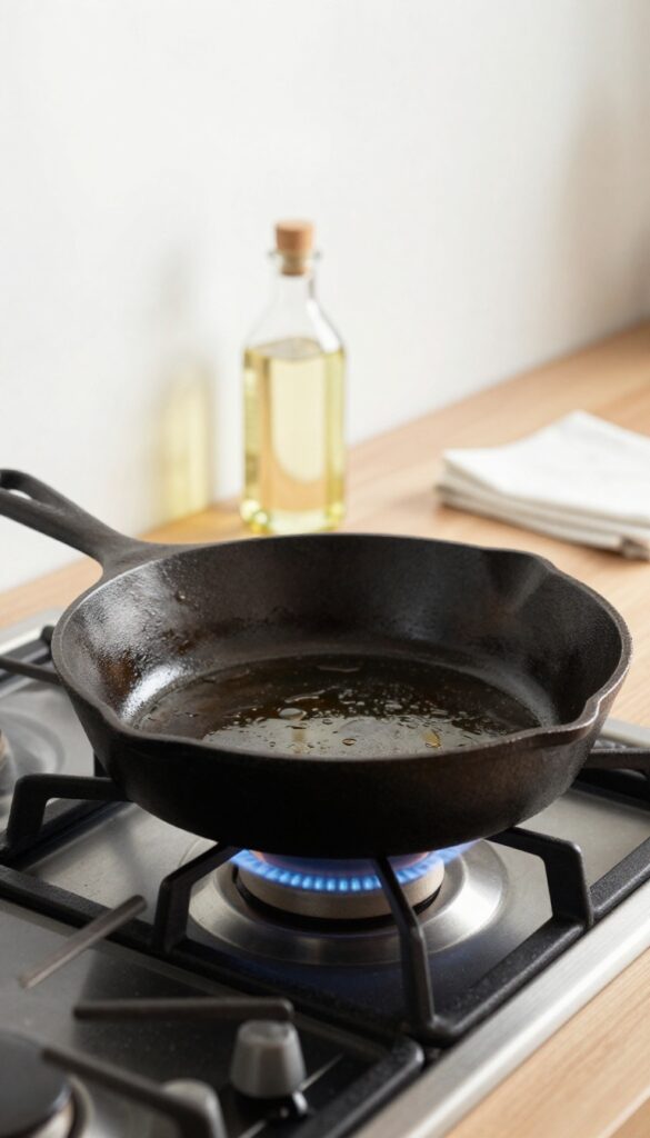 Cast iron skillet with thin oil sheen on stove after cleaning and re-seasoning