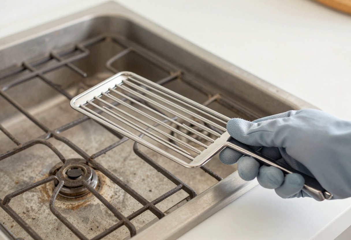 Clean oven rack held by hand, with a dirty rack in background, kitchen setting.