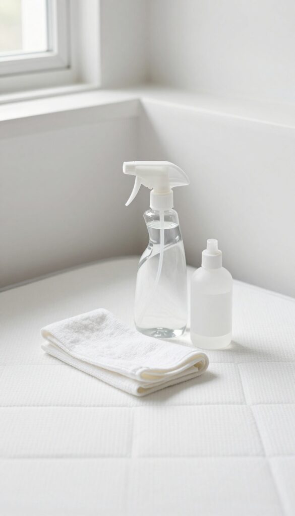 Cleaning solution setup with dish soap and hydrogen peroxide bottles on a white mattress