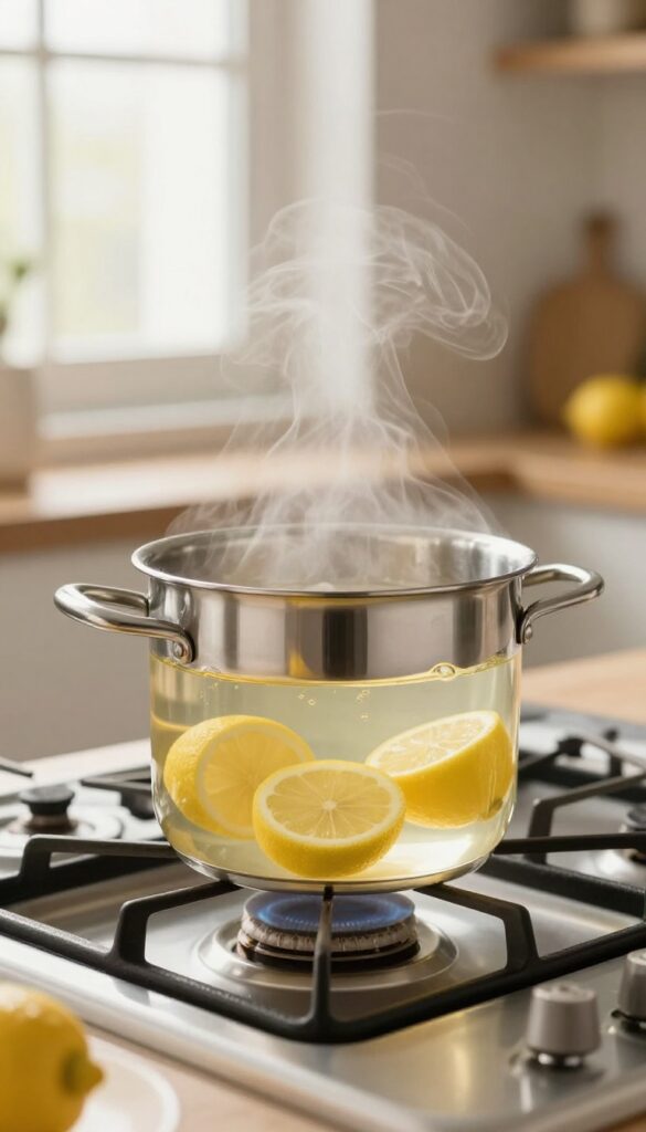 Boiling lemon slices in a stainless steel pan to remove discoloration