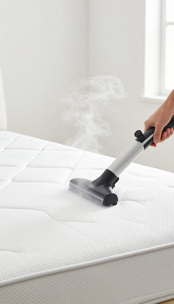Steam cleaning a mattress with a handheld steam cleaner to remove urine smells
