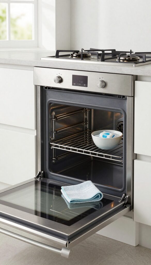 A clean oven interior with a cloth and bowl of dishwasher tablet solution, bright natural light, photorealistic