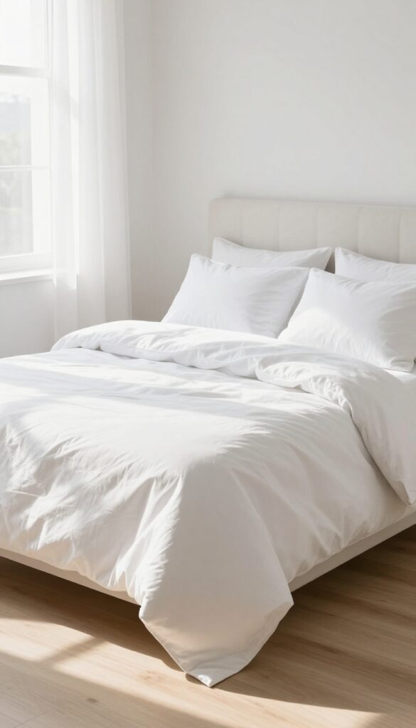 A neatly made bed in a bright, clean bedroom with white linens and pillows.