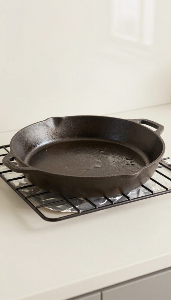 Cast iron skillet being re-seasoned upside down in oven with foil-lined baking sheet below