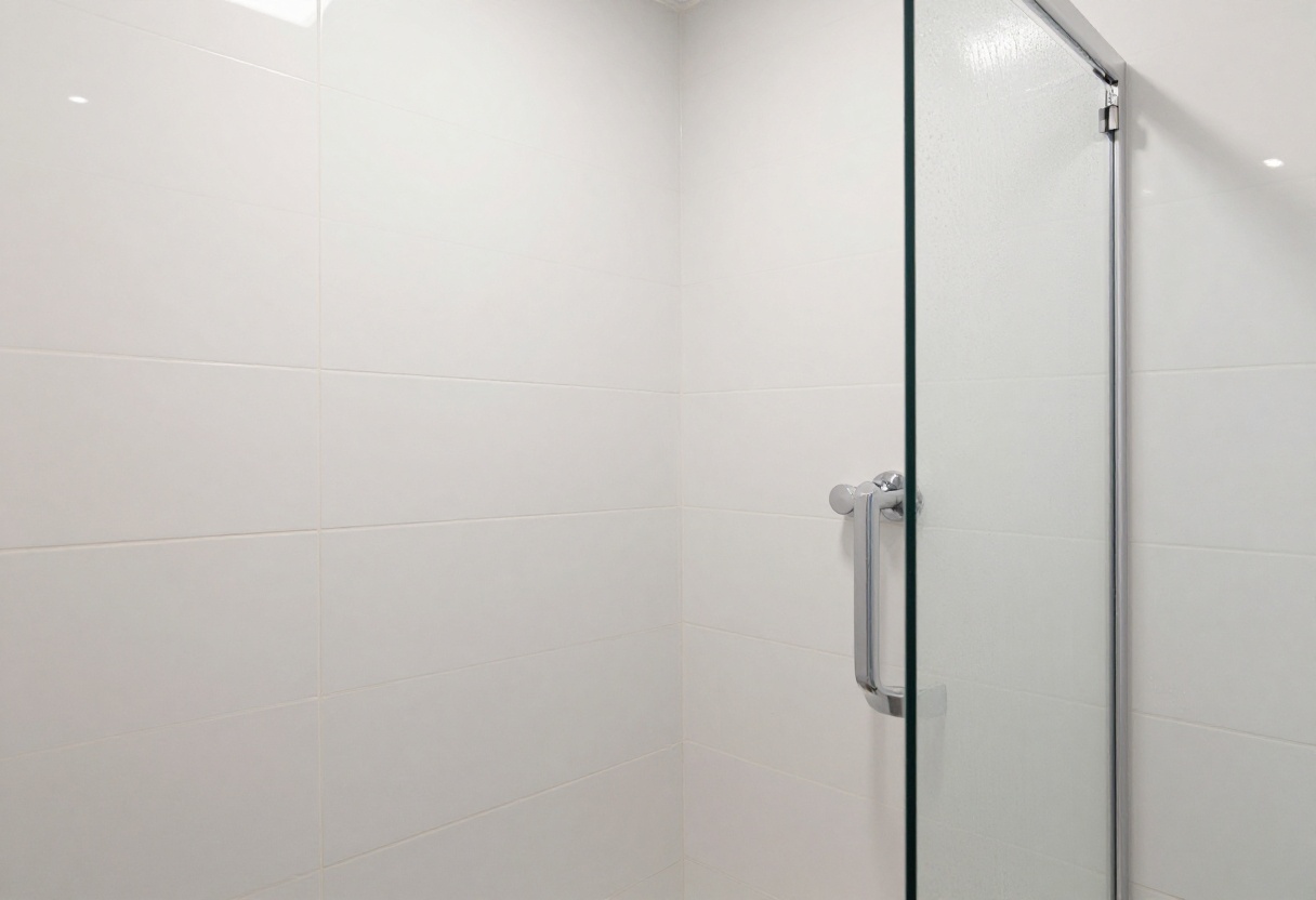 Sparkling clean shower tile and glass door after soap scum removal
