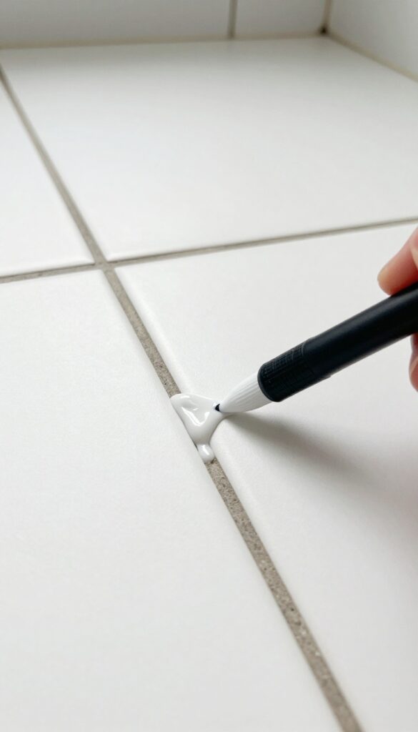 Applying a bleach pen to grout lines for precision whitening
