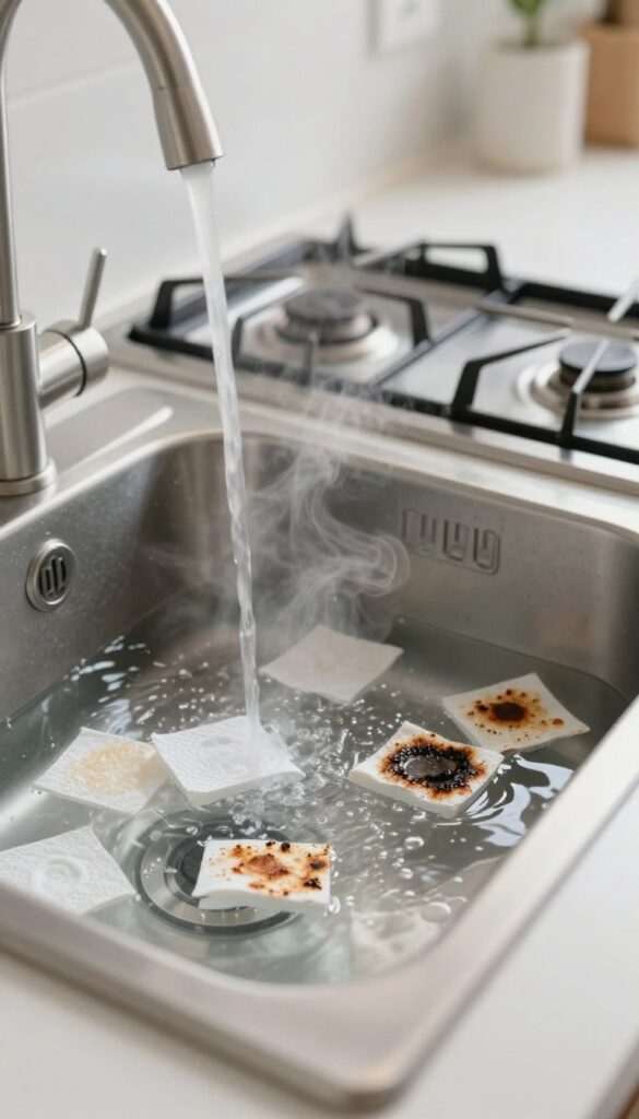 Stainless steel gas stove grates soaking in hot water with dryer sheets to loosen burnt-on residue